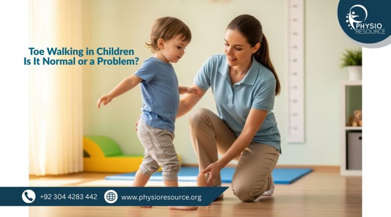 Child walking on tiptoes during a pediatric gait assessment by a physiotherapist at Physio Resource clinic