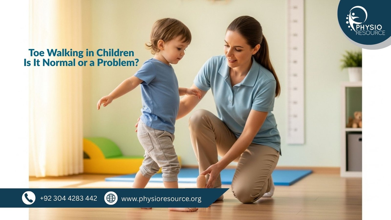 Child walking on tiptoes during a pediatric gait assessment by a physiotherapist at Physio Resource clinic