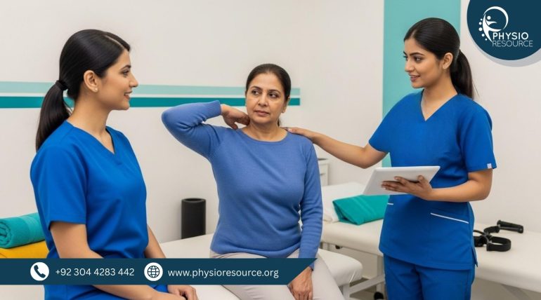 First physiotherapy session assessment in a Lahore clinic with a physiotherapist checking a patient’s shoulder movement