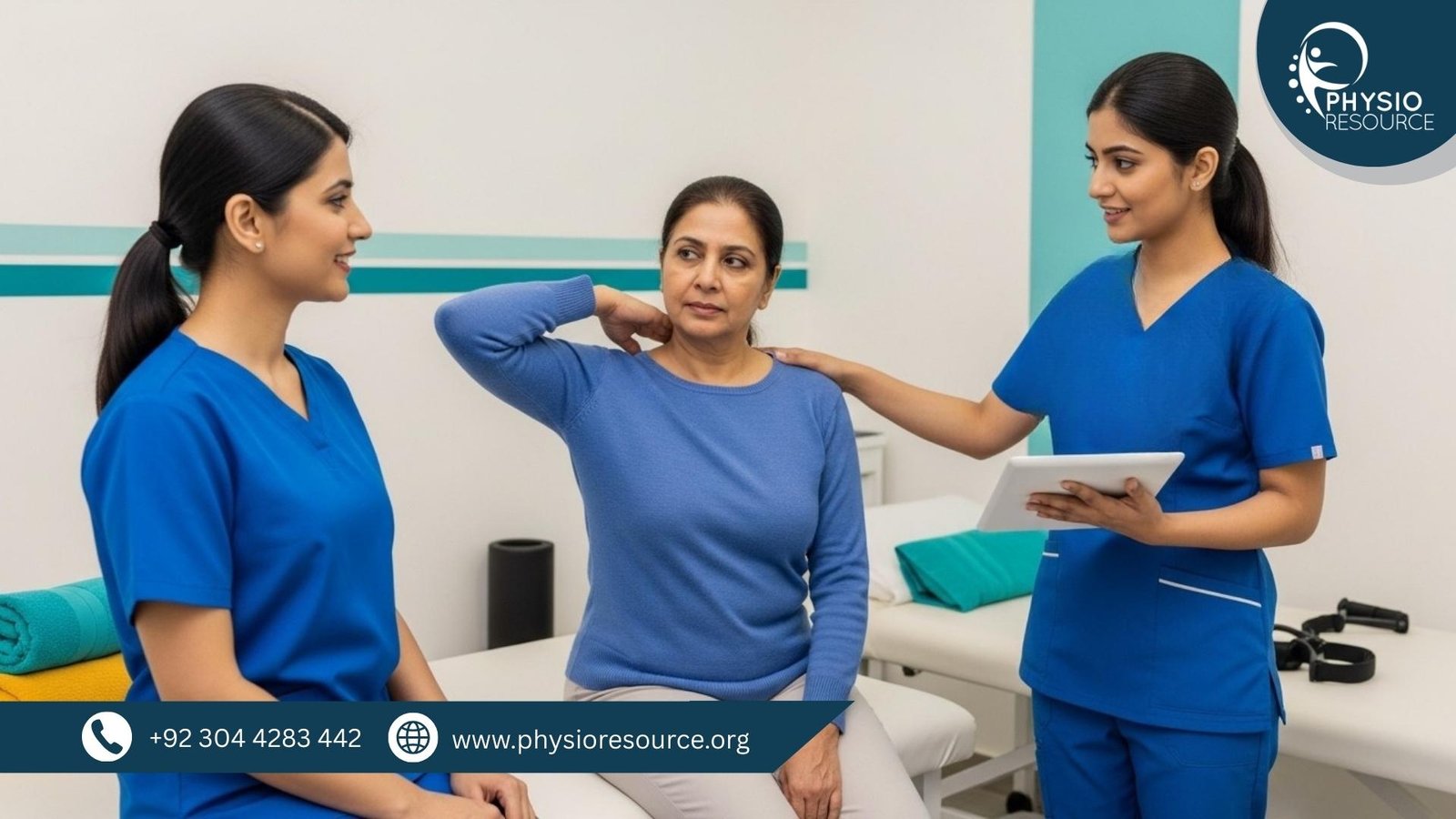 First physiotherapy session assessment in a Lahore clinic with a physiotherapist checking a patient’s shoulder movement