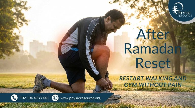Man restarting walking and gym exercise after Ramadan while preventing knee and back pain with proper physiotherapy guidance