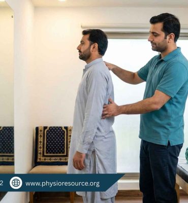 Physiotherapist guiding a patient in a clinic to correct standing posture for lower back comfort during long standing in prayer (Qiyam)