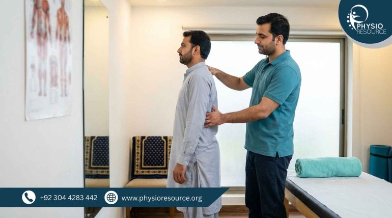 Physiotherapist guiding a patient in a clinic to correct standing posture for lower back comfort during long standing in prayer (Qiyam)