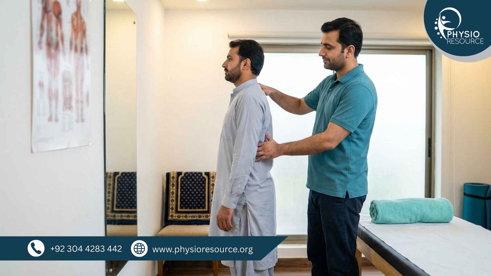 Physiotherapist guiding a patient in a clinic to correct standing posture for lower back comfort during long standing in prayer (Qiyam)
