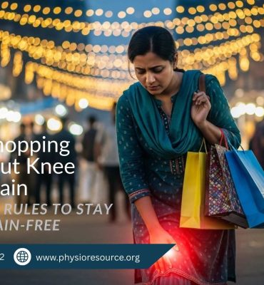 Woman experiencing knee pain during Eid shopping and using proper techniques to stay pain free