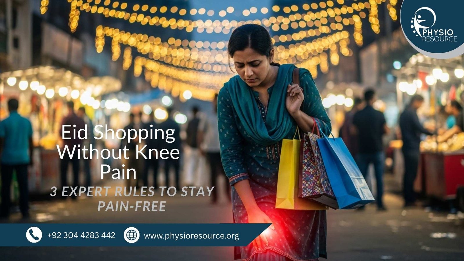 Woman experiencing knee pain during Eid shopping and using proper techniques to stay pain free