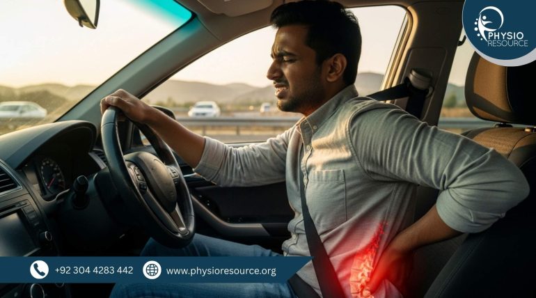 Man adjusting car seat posture to prevent lower back pain during long Eid travel drive in Lahore