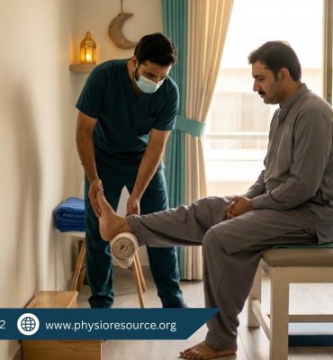 Physiotherapist guiding a heel pain stretch and foot mobility routine to reduce foot pain from standing more during Ramadan in Lahore