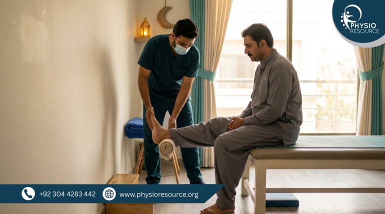 Physiotherapist guiding a heel pain stretch and foot mobility routine to reduce foot pain from standing more during Ramadan in Lahore