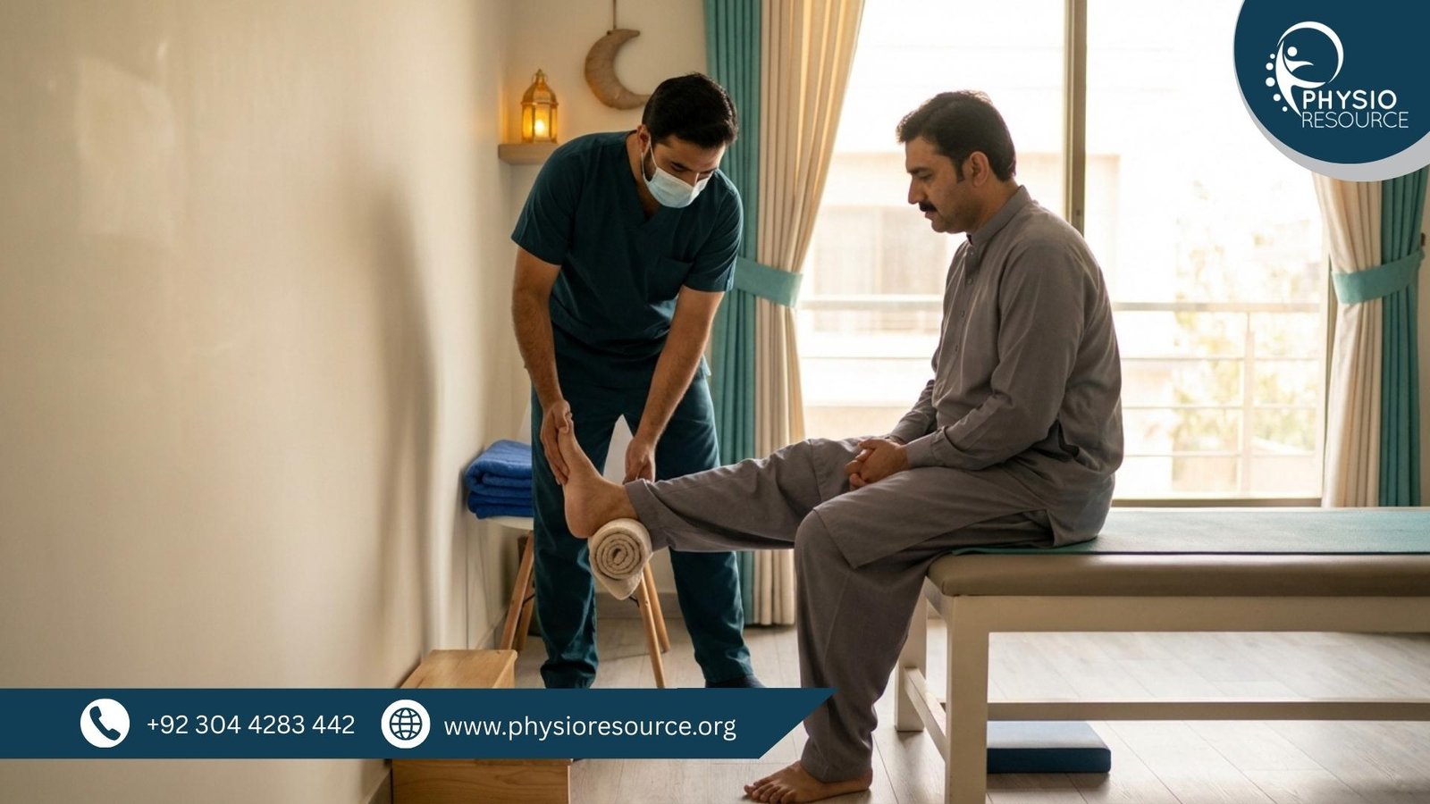 Physiotherapist guiding a heel pain stretch and foot mobility routine to reduce foot pain from standing more during Ramadan in Lahore