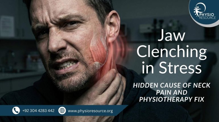 Jaw clenching due to stress causing neck pain and TMJ tension treated with physiotherapy