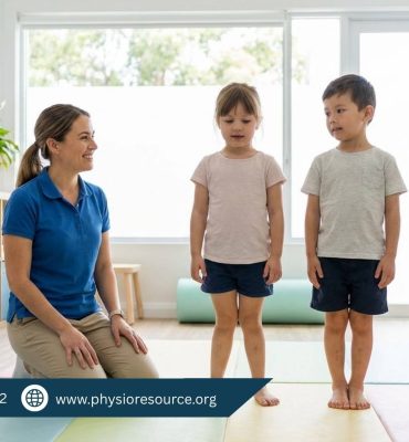 Physio Resource pediatric physiotherapy assessment showing children with knock knees and bow legs in a clean clinical setting