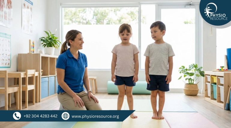 Physio Resource pediatric physiotherapy assessment showing children with knock knees and bow legs in a clean clinical setting