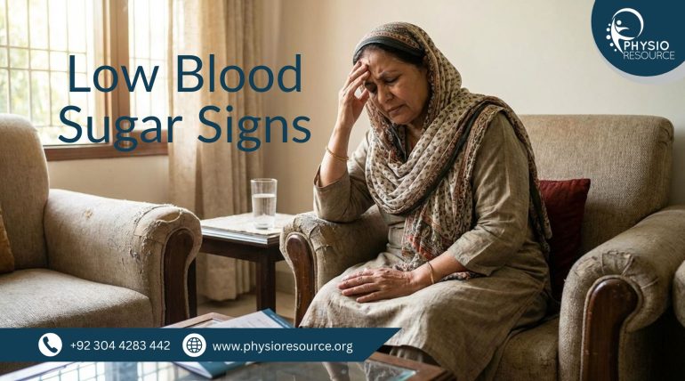 Person experiencing low blood sugar symptoms like dizziness and weakness and taking quick action to recover