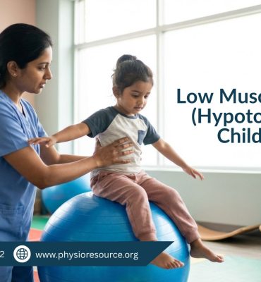 Child with low muscle tone performing physiotherapy exercises to improve strength and posture
