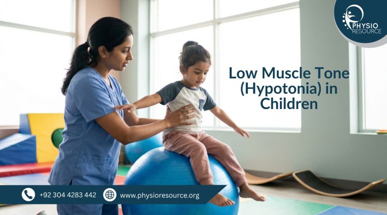 Child with low muscle tone performing physiotherapy exercises to improve strength and posture