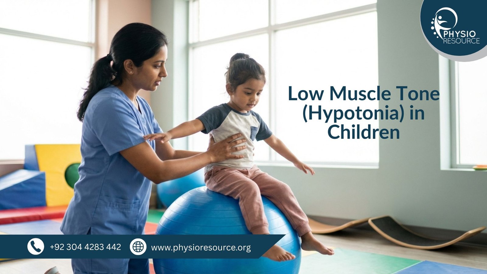 Child with low muscle tone performing physiotherapy exercises to improve strength and posture