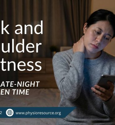 Person using a phone at night while holding their neck and shoulder due to tightness.