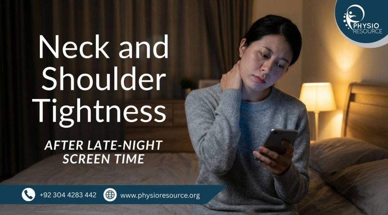 Person using a phone at night while holding their neck and shoulder due to tightness.