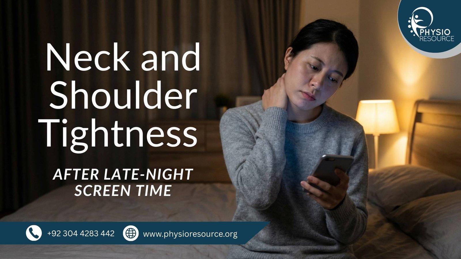 Person using a phone at night while holding their neck and shoulder due to tightness.