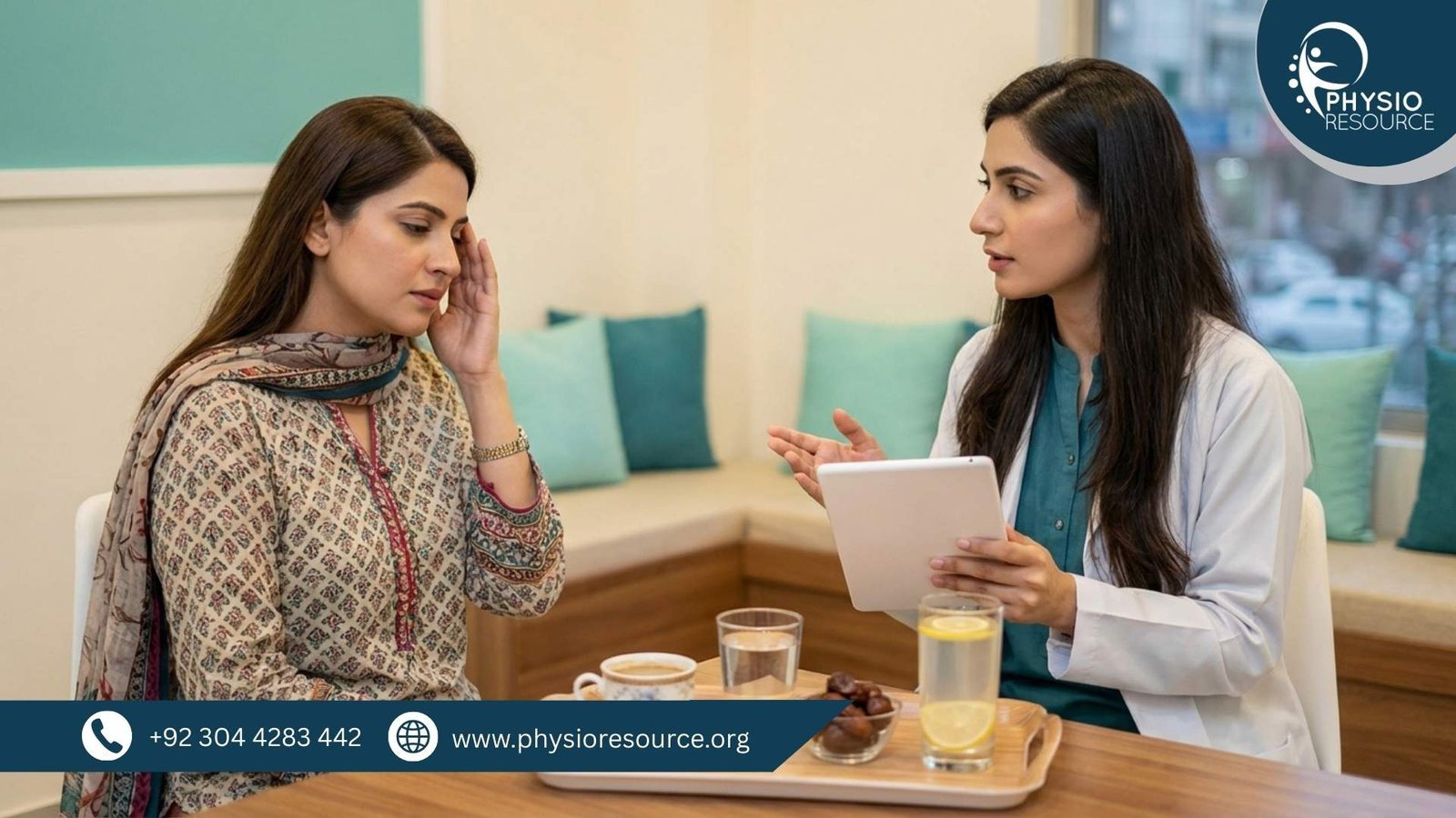 Dietitian advising a client in a Lahore clinic about caffeine withdrawal headache relief and a safe Ramadan step-down plan