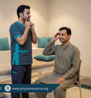 Physiotherapist guiding a patient in a Lahore clinic with gentle posture correction and breathing support for Ramadan headaches and neck tightness