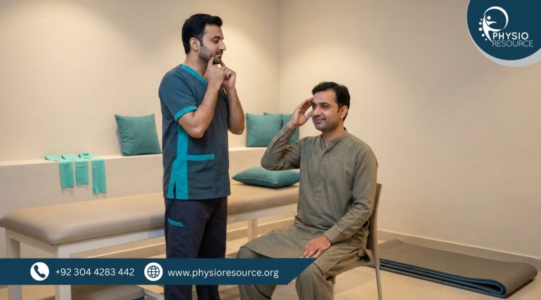 Physiotherapist guiding a patient in a Lahore clinic with gentle posture correction and breathing support for Ramadan headaches and neck tightness