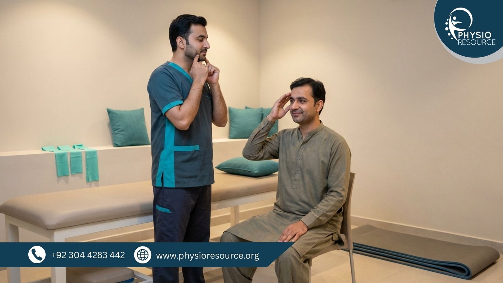 Physiotherapist guiding a patient in a Lahore clinic with gentle posture correction and breathing support for Ramadan headaches and neck tightness