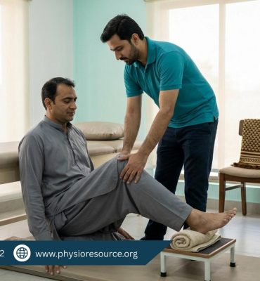 Physiotherapist guiding a patient in a clinic through safe knee flex mobility exercises to improve comfort for sujood and kneeling