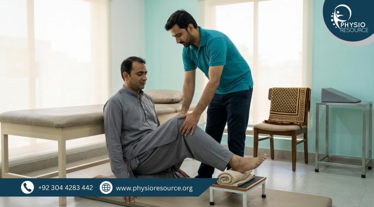 Physiotherapist guiding a patient in a clinic through safe knee flex mobility exercises to improve comfort for sujood and kneeling