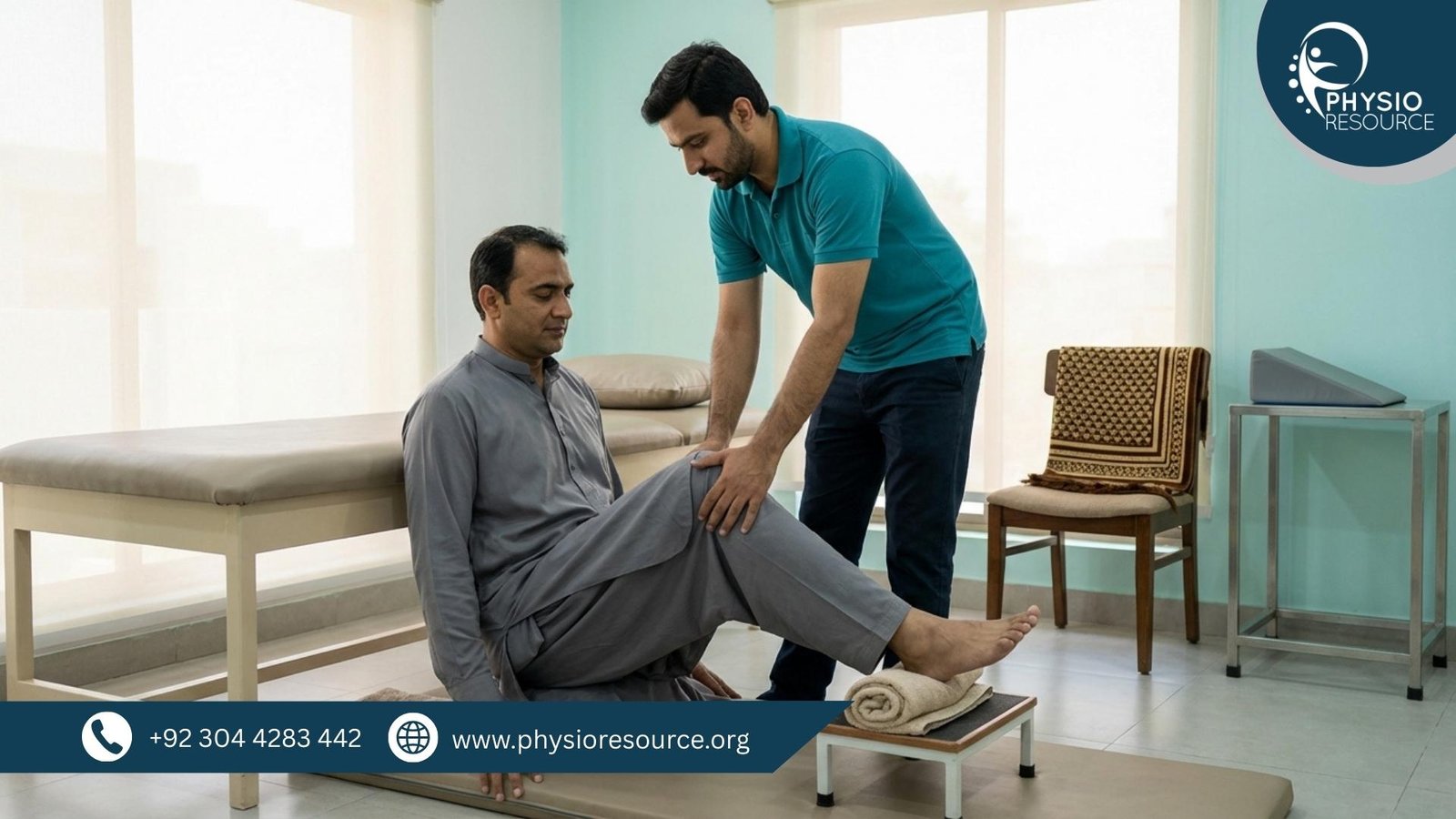 Physiotherapist guiding a patient in a clinic through safe knee flex mobility exercises to improve comfort for sujood and kneeling
