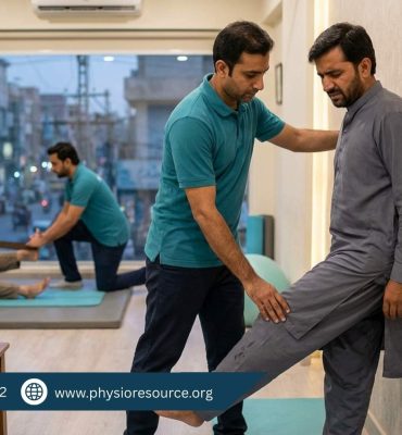 Physiotherapist guiding a patient in a Lahore clinic with calf stretching and ankle mobility to help prevent leg cramps during fasting