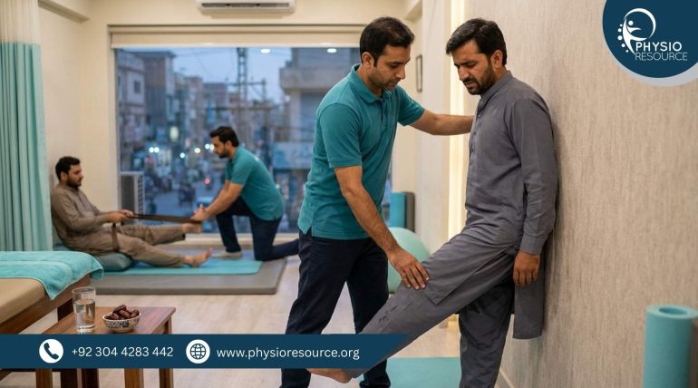 Physiotherapist guiding a patient in a Lahore clinic with calf stretching and ankle mobility to help prevent leg cramps during fasting