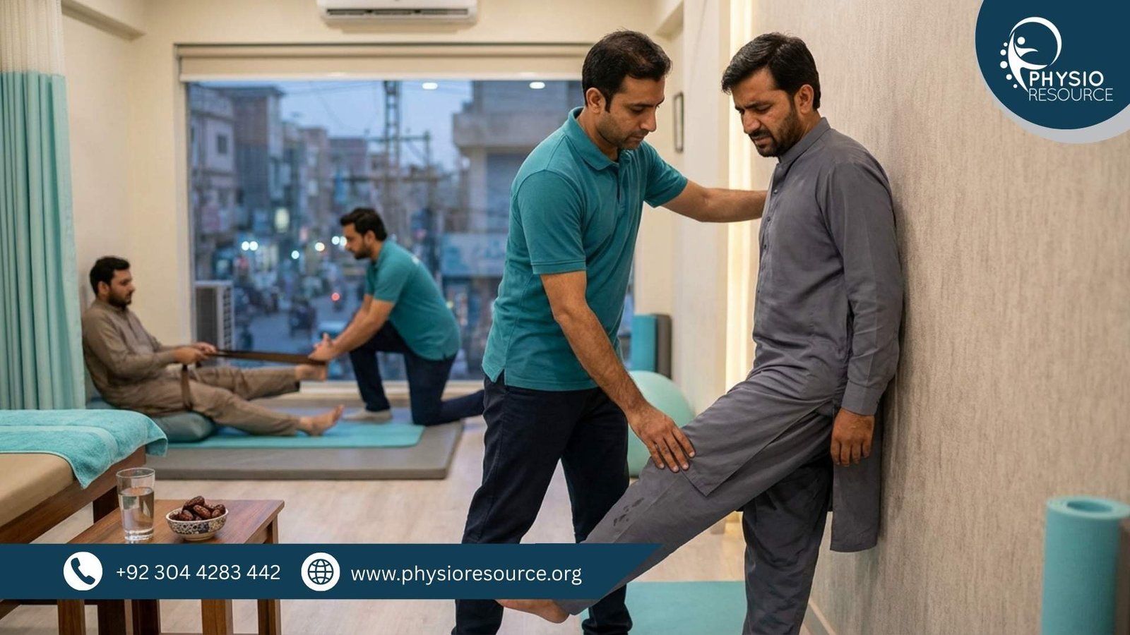 Physiotherapist guiding a patient in a Lahore clinic with calf stretching and ankle mobility to help prevent leg cramps during fasting