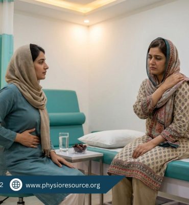 Physiotherapist guiding a patient in a Lahore clinic with gentle evening breathing and mobility tips for pain that feels worse at night during Ramadan