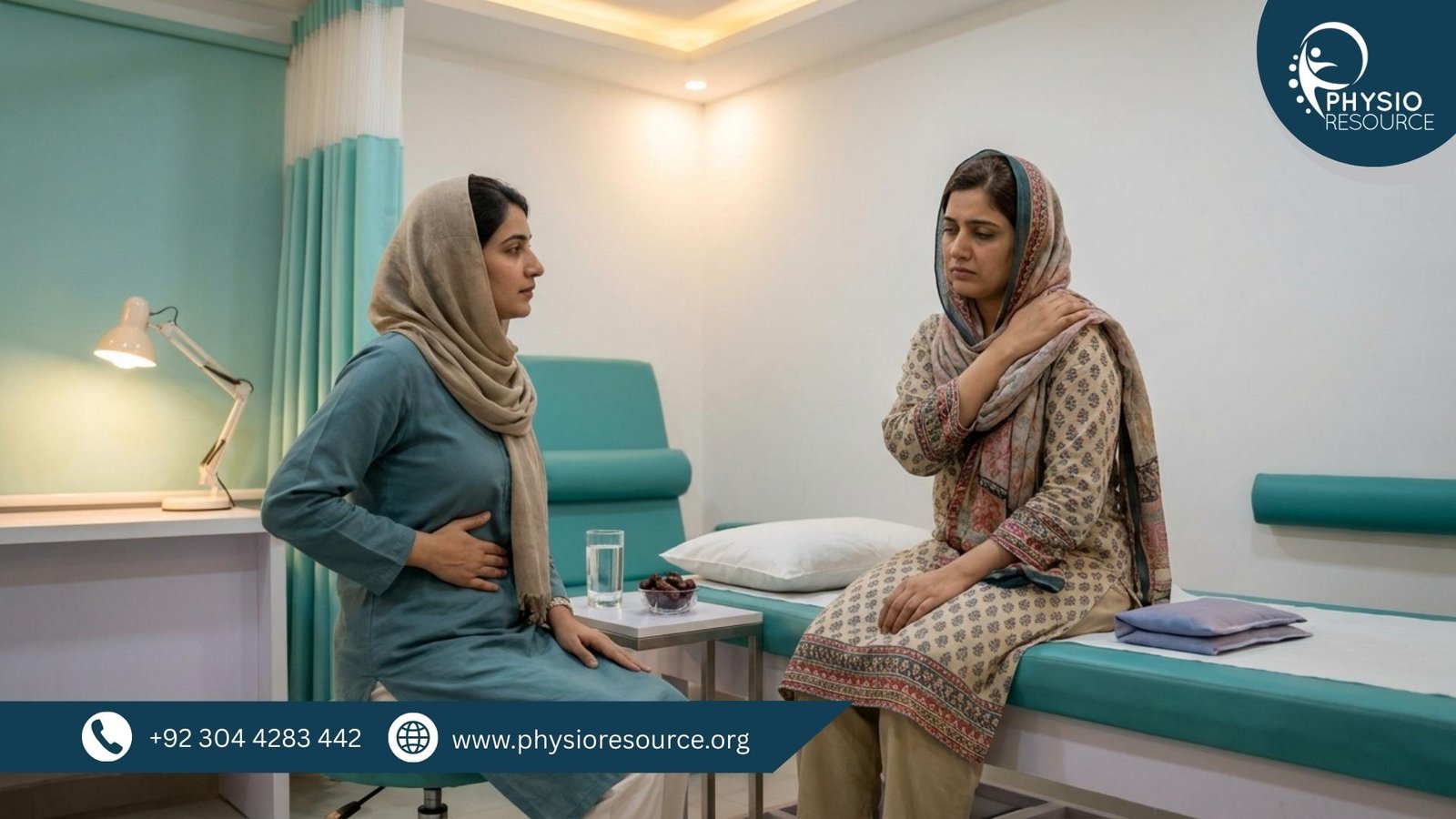 Physiotherapist guiding a patient in a Lahore clinic with gentle evening breathing and mobility tips for pain that feels worse at night during Ramadan