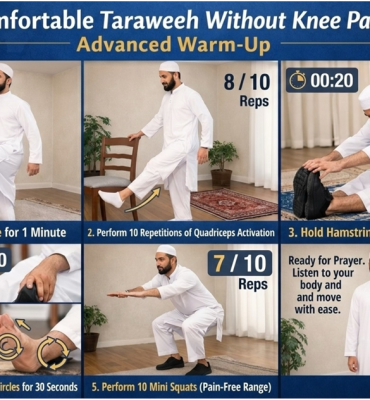 Physio Resource infographic showing a warm-up routine for comfortable Taraweeh without knee pain, including marching, quad activation, hamstring stretch, ankle pumps, and mini squats