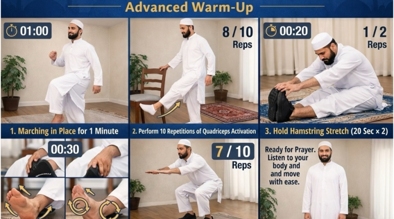 Physio Resource infographic showing a warm-up routine for comfortable Taraweeh without knee pain, including marching, quad activation, hamstring stretch, ankle pumps, and mini squats