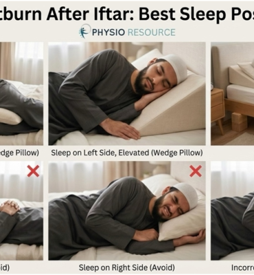 Illustration of heartburn relief after iftar showing a recommended sleep position to reduce acid reflux discomfort