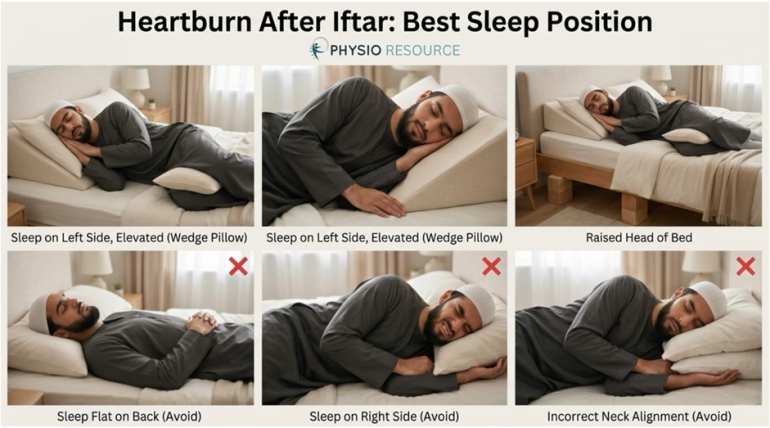 Illustration of heartburn relief after iftar showing a recommended sleep position to reduce acid reflux discomfort