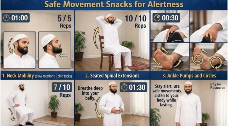 Physio Resource infographic showing safe movement snacks for alertness while fasting, including neck mobility, seated spinal extensions, ankle pumps, mini squats, and diaphragmatic breathing
