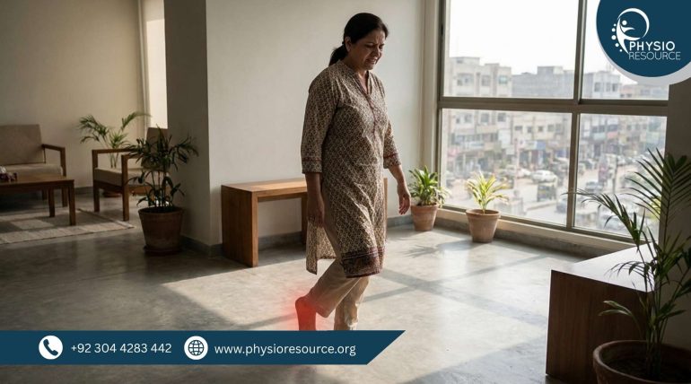 Walking barefoot at home on hard floors causing heel pain, highlighting plantar stress and need for physiotherapy treatment at Physio Resource Lahore