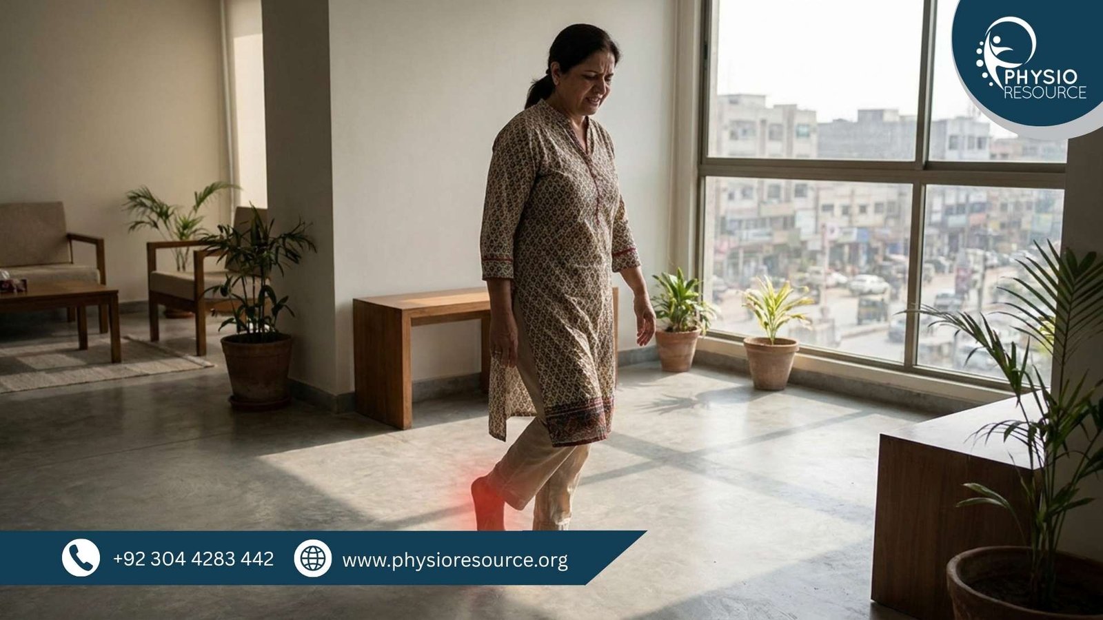 Walking barefoot at home on hard floors causing heel pain, highlighting plantar stress and need for physiotherapy treatment at Physio Resource Lahore