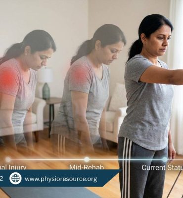 Step-by-step physiotherapy rehabilitation showing initial injury, mid-rehab progress, and current recovery using resistance band exercises by Physio Resource Lahore