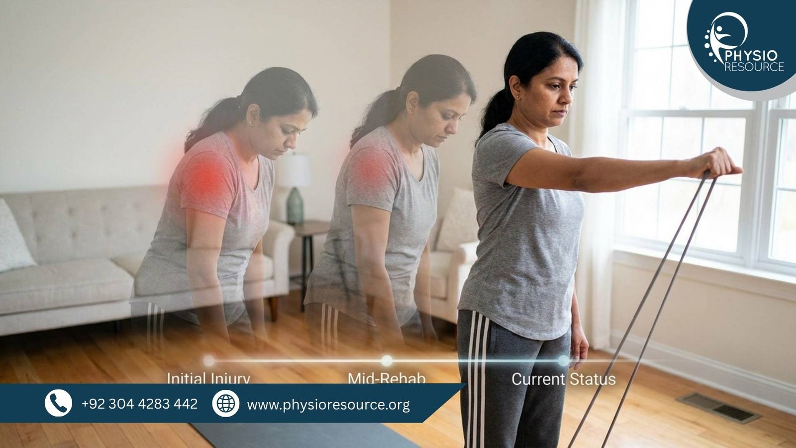 Step-by-step physiotherapy rehabilitation showing initial injury, mid-rehab progress, and current recovery using resistance band exercises by Physio Resource Lahore