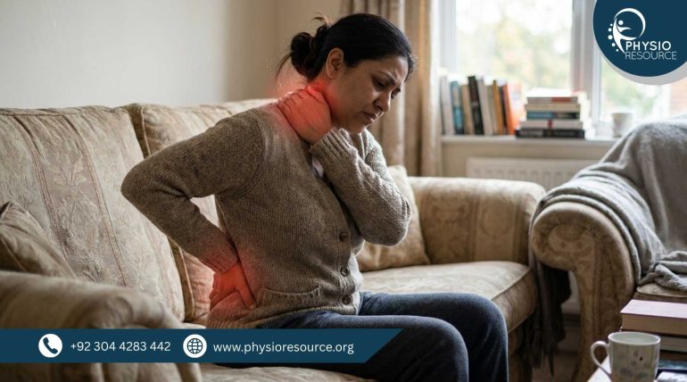 Fatigue and body pain in women affecting daily activities, showing tired South Asian woman with neck and back discomfort, highlighting need for physiotherapy care at Physio Resource Lahore