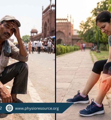 Comparison of heat exhaustion and muscle fatigue showing symptoms like sweating and dizziness versus localized muscle pain, highlighting expert guidance at Physio Resource Lahore