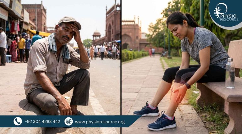 Comparison of heat exhaustion and muscle fatigue showing symptoms like sweating and dizziness versus localized muscle pain, highlighting expert guidance at Physio Resource Lahore