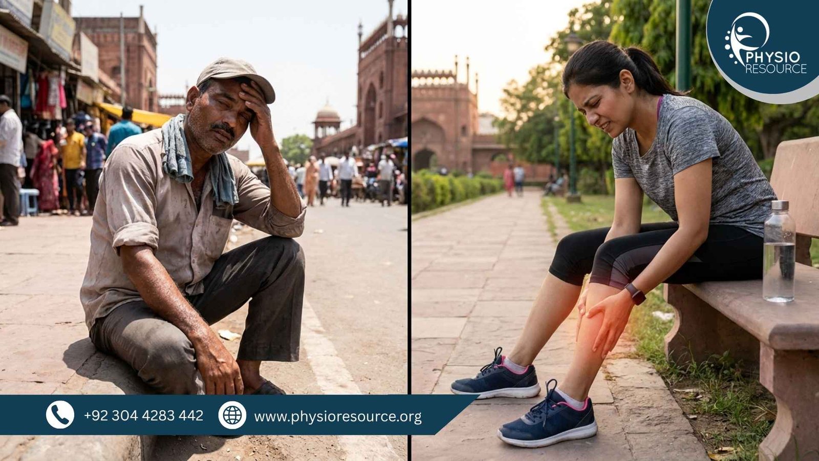 Comparison of heat exhaustion and muscle fatigue showing symptoms like sweating and dizziness versus localized muscle pain, highlighting expert guidance at Physio Resource Lahore