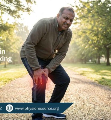 Person experiencing knee pain after walking and stopping to hold knee, indicating strain or injury, highlighting physiotherapy care at Physio Resource Lahore